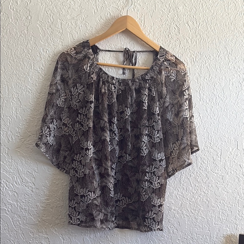 LOFT Brown and Cream Boxy Blouse with Flutter Sleeves